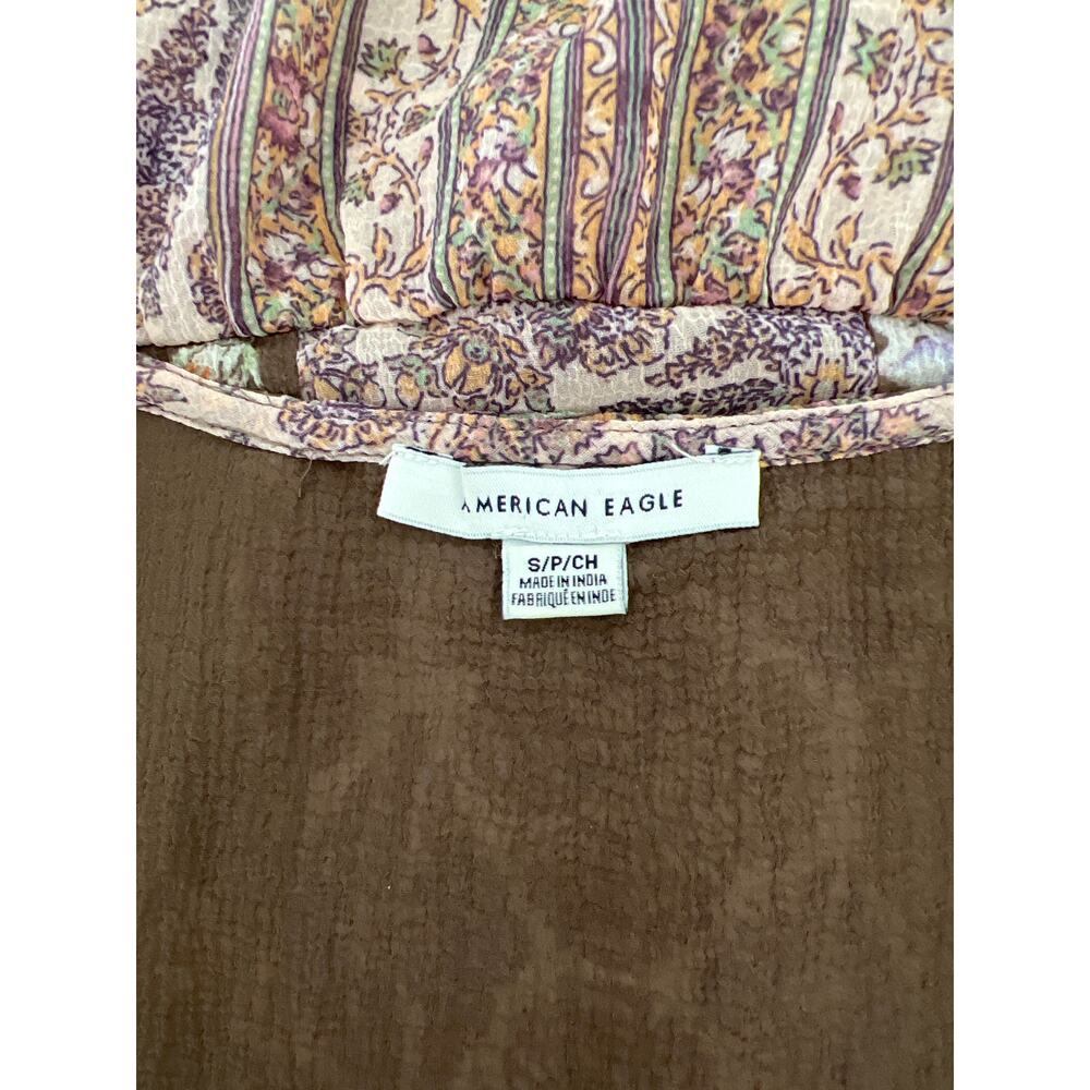 American Eagle Outfitters Peplum Blouse Women's Size Small Brown Floral Cropped - Picture 7 of 9